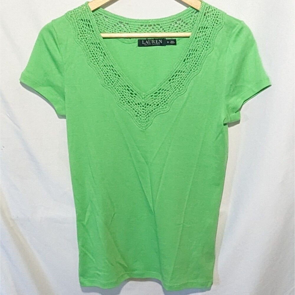 Lauren Ralph Lauren Lime Green Crochet Lace Trim Top Size Medium 100% Cotton